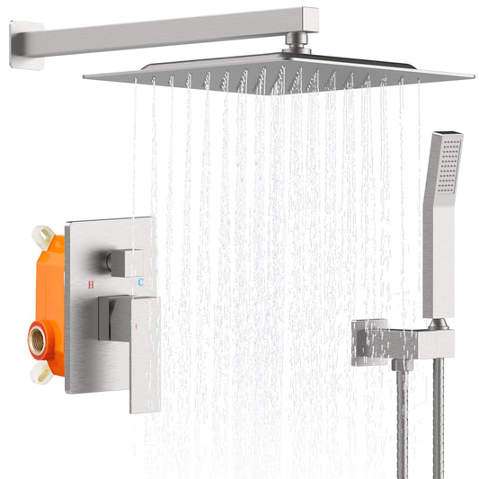 Shower System Shower Faucet Combo Set Wall Mounted with 12" Rainfall Shower Head and handheld shower faucet, Brushed Nickel Finish with Brass Valve Rough-In