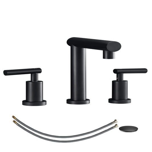 Matte Black Widespread Bathroom Faucet, Waterfall Bathroom Faucets for Sink 3 Hole, 2-Handles Modern Vanity Faucet with Pop Up Drain Assembly and Lead-Free Supply Hose,8-Inch