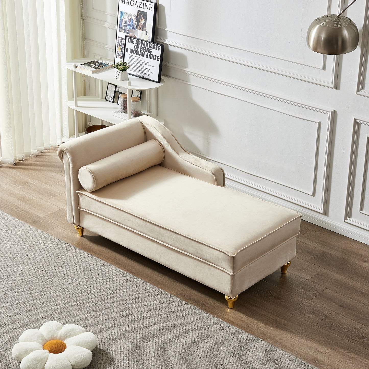 Modern Upholstery Chaise Lounge Chair with Storage Velvet (Beige)