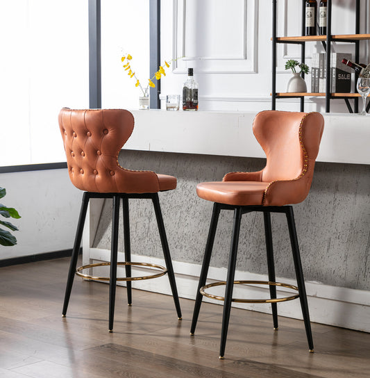29" Modern Leathaire Fabric bar chairs, 180 degree Swivel Bar Stool Chair for Kitchen, Tufted Gold Nailhead Trim Gold Decoration Bar Stools with Metal Legs, Set of 2 (Orange)