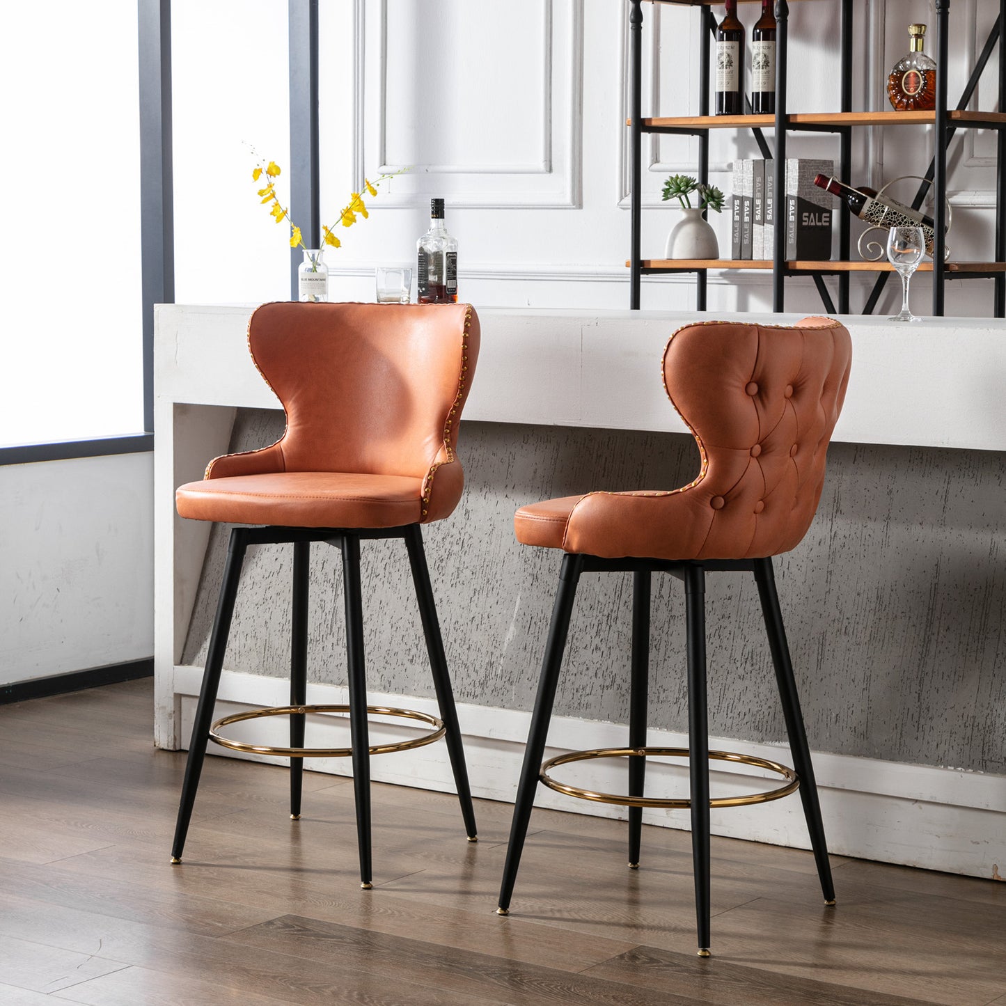 29" Modern Leathaire Fabric bar chairs, 180 degree Swivel Bar Stool Chair for Kitchen, Tufted Gold Nailhead Trim Gold Decoration Bar Stools with Metal Legs, Set of 2 (Orange)
