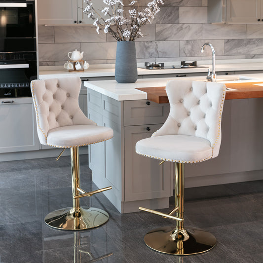 Golden Swivel Velvet Barstools Adjusatble Seat Height from 25-33 Inch, Modern Upholstered Bar Stools with Backs Comfortable Tufted for Home Pub and Kitchen Islandeige, Set of 2)