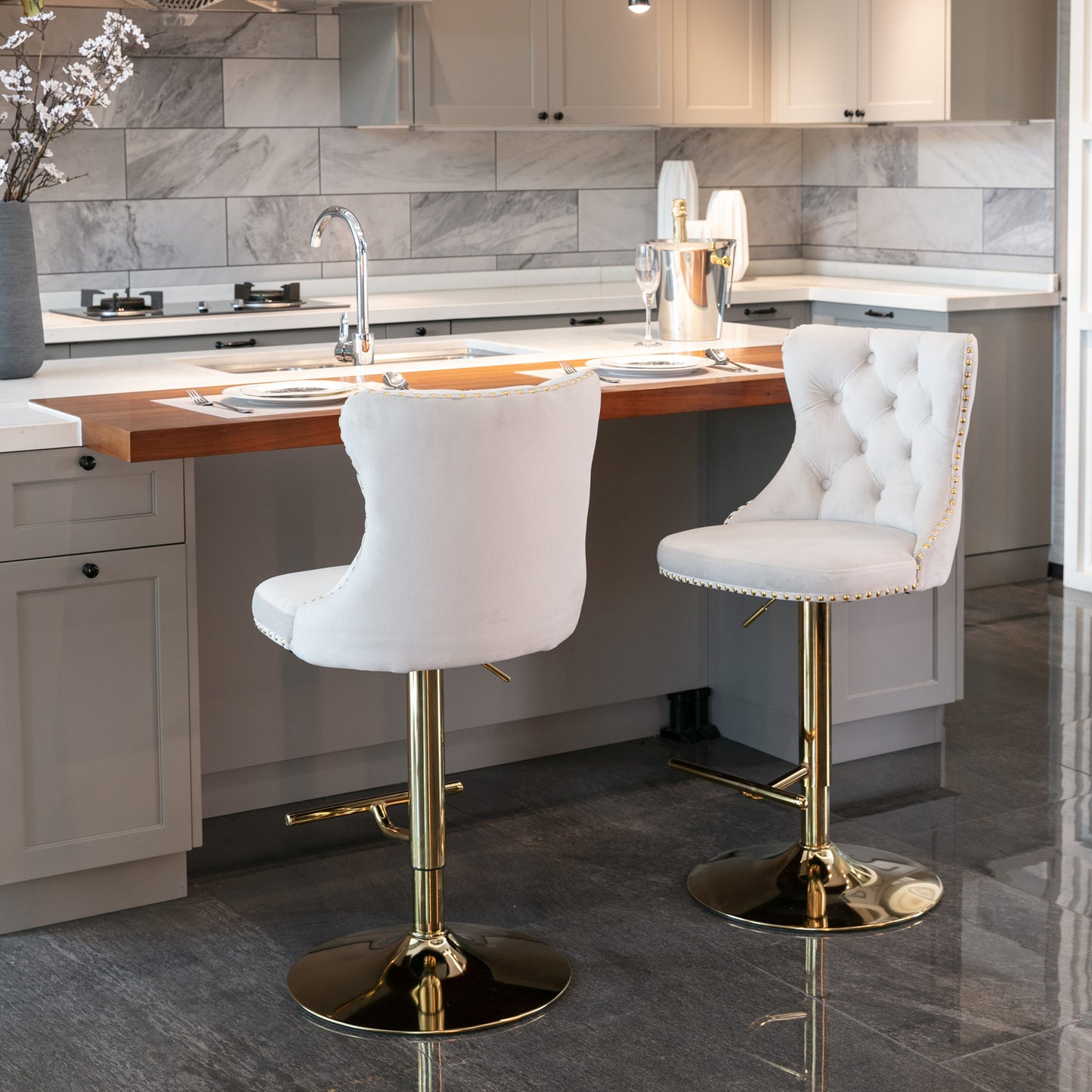 Golden Swivel Velvet Barstools Adjusatble Seat Height from 25-33 Inch, Modern Upholstered Bar Stools with Backs Comfortable Tufted for Home Pub and Kitchen Islandeige, Set of 2)