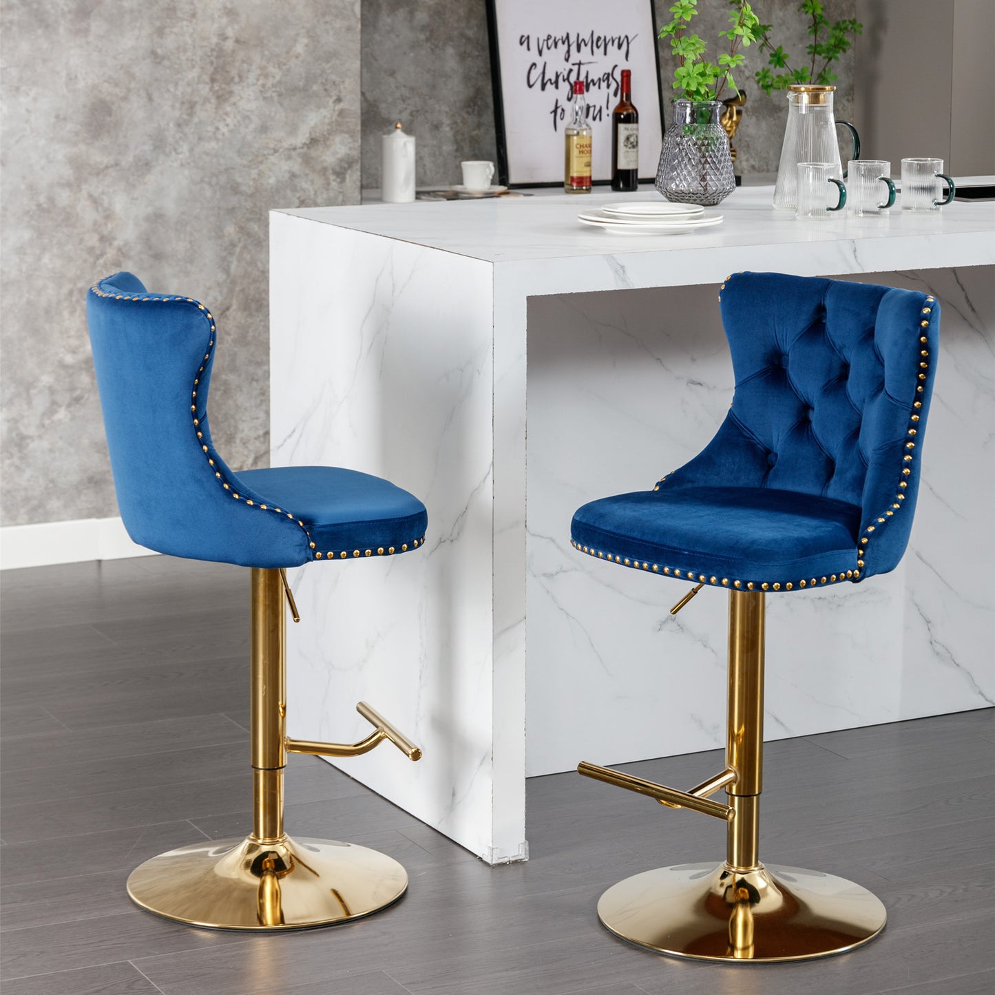 Golden Swivel Velvet Barstools Adjusatble Seat Height from 25-33 Inch, Modern Upholstered Bar Stools with Backs Comfortable Tufted for Home Pub and Kitchen Island, Blue, Set of 2