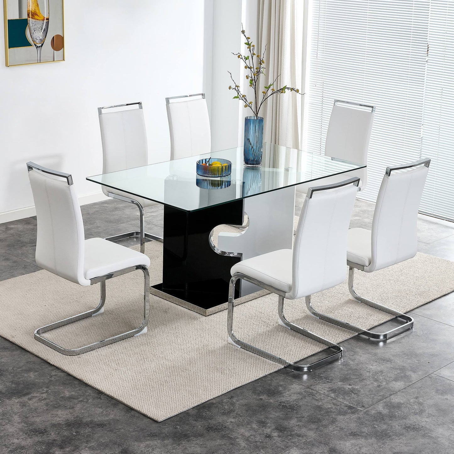 Large Modern Minimalist Rectangular Glass Dining Table for 6-8 with 0.39" Tempered Glass Tabletop and MDF slab Special-Shaped Bracket, For Kitchen Dining Living Meeting Room Banquet Hall