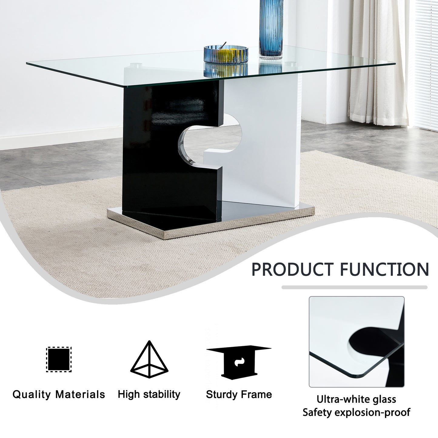 Large Modern Minimalist Rectangular Glass Dining Table for 6-8 with 0.39" Tempered Glass Tabletop and MDF slab Special-Shaped Bracket, For Kitchen Dining Living Meeting Room Banquet Hall