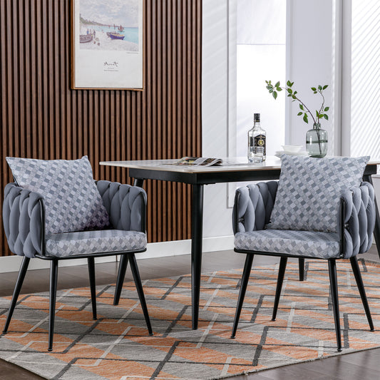 Grey Modern Velvet Dining Chairs Set of 2 Hand Weaving Accent Chairs Living Room Chairs Upholstered Side Chair with Black Metal Legs for Dining Room Kitchen Vanity Living Room