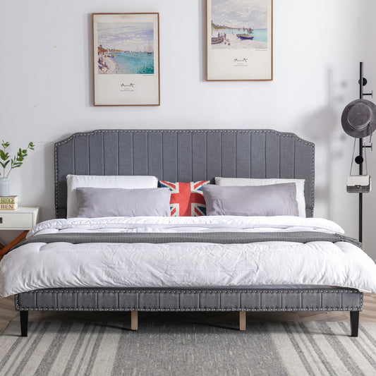 DongHeng King Size Bed with Headboard, Modern Linen Curved Upholstered Platform Bed, Solid Wood Frame, Nailhead Trim, Gray