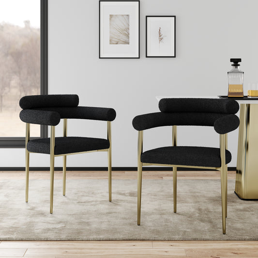 Woker Dining Chairs Set of 2, Mid-Century Modern Dining Chairs, Kitchen Dining Room Chairs, Round Boucle Backrest Sherpa Dining Chair with Brushed Bronze Metal Legs