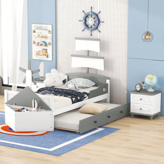 3-Pieces Bedroom Sets, Twin Size Boat-Shaped Platform Bed with Trundle and Two Nightstands, White+Gray