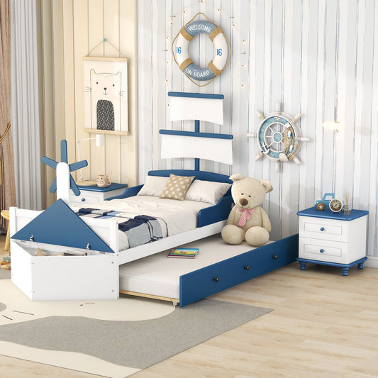 3-Pieces Bedroom Sets, Twin Size Boat-Shaped Platform Bed with Trundle and Two Nightstands, White+Blue