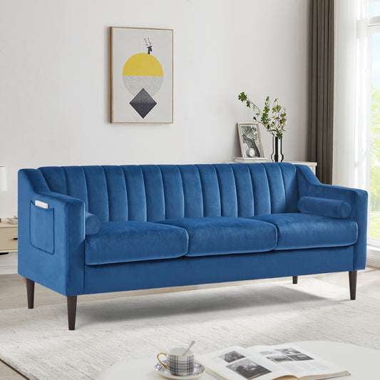 Modern Chesterfield sofa couch, Comfortable Upholstered sofa with Velvet Fabric and Wooden Frame and Wood Legs for Living Room/Bedroom/Office Blue --3 Seats