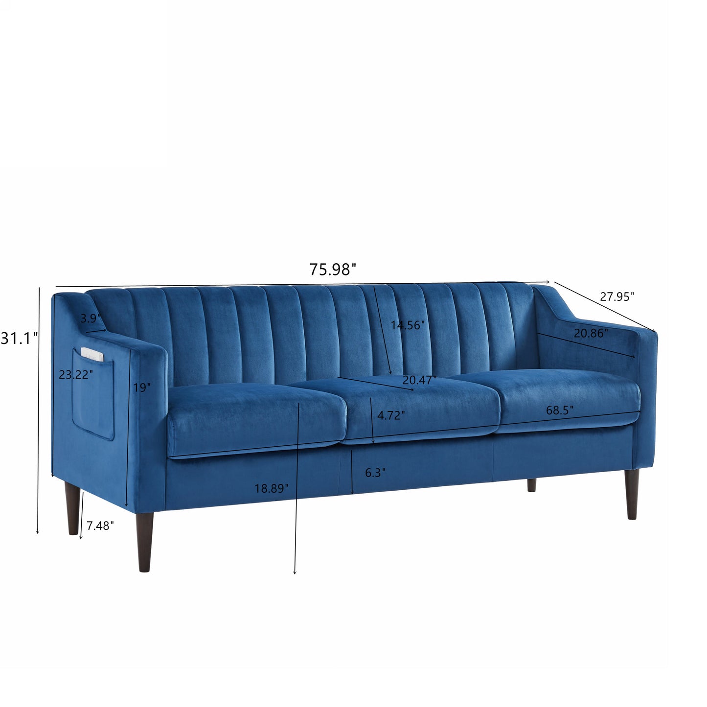 Modern Chesterfield sofa couch, Comfortable Upholstered sofa with Velvet Fabric and Wooden Frame and Wood Legs for Living Room/Bedroom/Office Blue --3 Seats