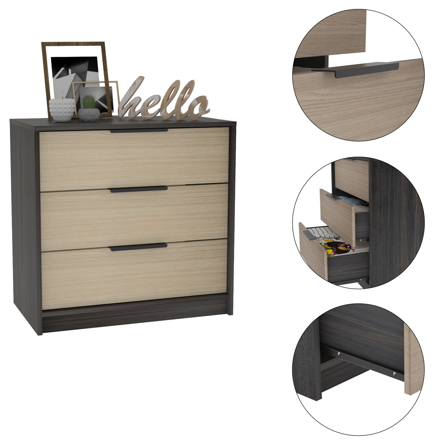 Kaia 3 Drawers Dresser, Superior Top -Black / Pine