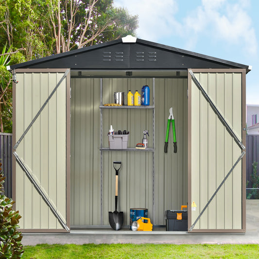 Patio 8ft x6ft Bike Shed Garden Shed, Metal Storage Shed with Adjustable Shelf and Lockable Doors, Tool Cabinet with Vents and Foundation Frame for Backyard, Lawn, Garden, Brown