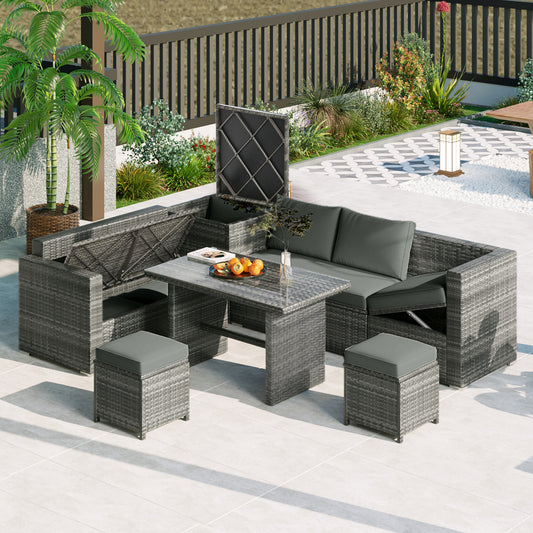 Outdoor 6-Piece All Weather PE Rattan Sofa Set, Garden Patio Wicker Sectional Furniture Set with Adjustable Seat, Storage Box, Removable Covers and Tempered Glass Top Table, Grey