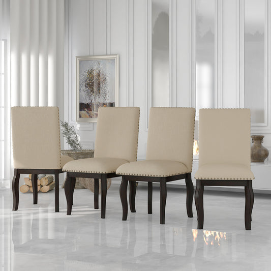 Set of 4 Dining chairs Wood Upholstered Fabirc Dining Room Chairs with Nailhead (Espresso)