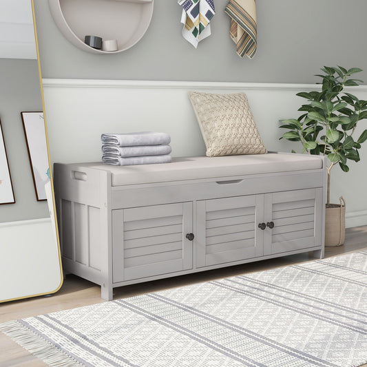TREXM Storage Bench with 3 Shutter-shaped Doors, Shoe Bench with Removable Cushion and Hidden Storage Space (Gray Wash, OLD SKU: WF284226AAE)