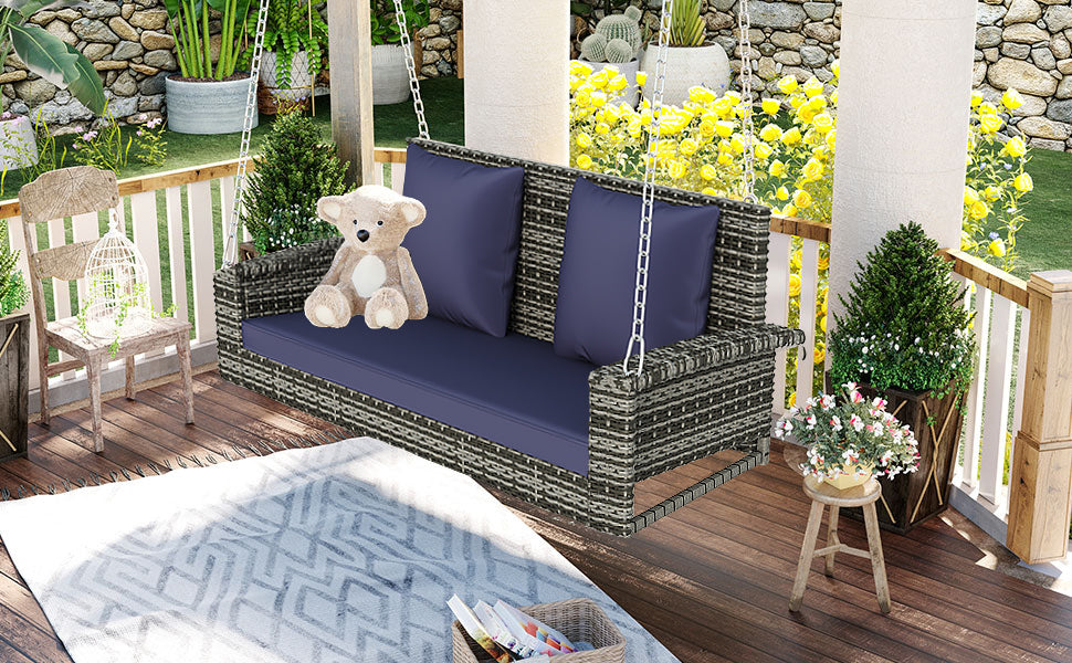 2-Person Wicker Hanging Porch Swing with Chains, Cushion, Pillow, Rattan Swing Bench for Garden, Backyard, Pond. (Gray Wicker, Blue Cushion)