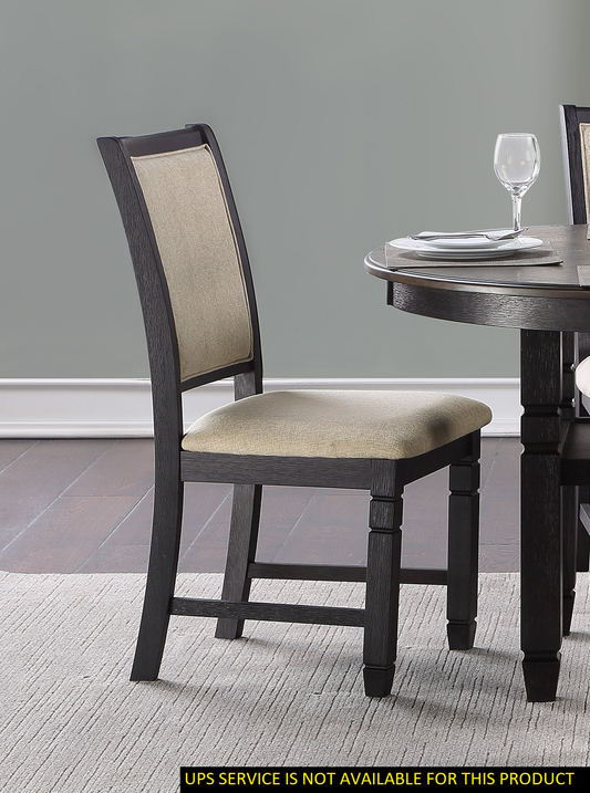 Beautiful Black Finish Wooden Side Chairs 2pcs Set Beige Color Textured Fabric Upholstered Dining Chairs