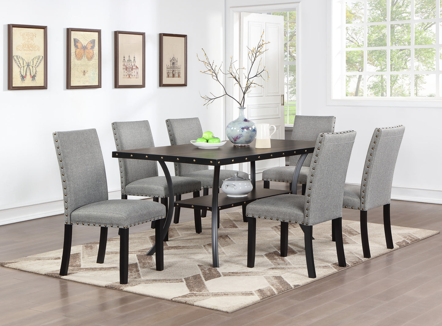Grey Fabric Modern Set of 2 Dining Chairs Plush Cushion Side Chairs Nailheads Trim Wooden Chair Kitchen Dining Room