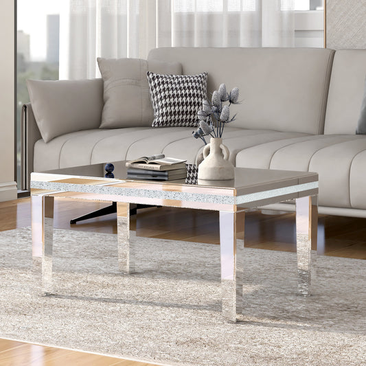 Fashionable Modern Glass Mirrored Coffee Table, Easy Assembly Cocktail Table with Crystal Design and Adjustable Height Legs, Silver