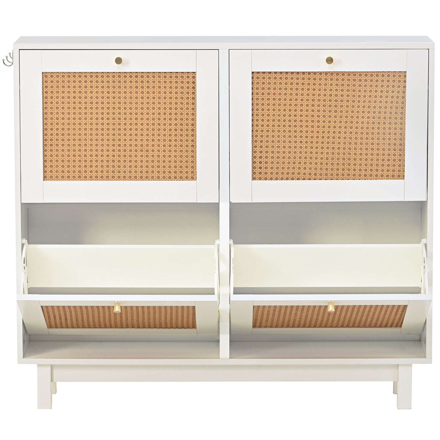 Rattan Boho Style Shoe Cabinet with 4 Flip Drawers, Modern 2-Tier Shoe Storage Organizer with Large Space, Free Standing Shoe Rack for Entrance Hallway, White