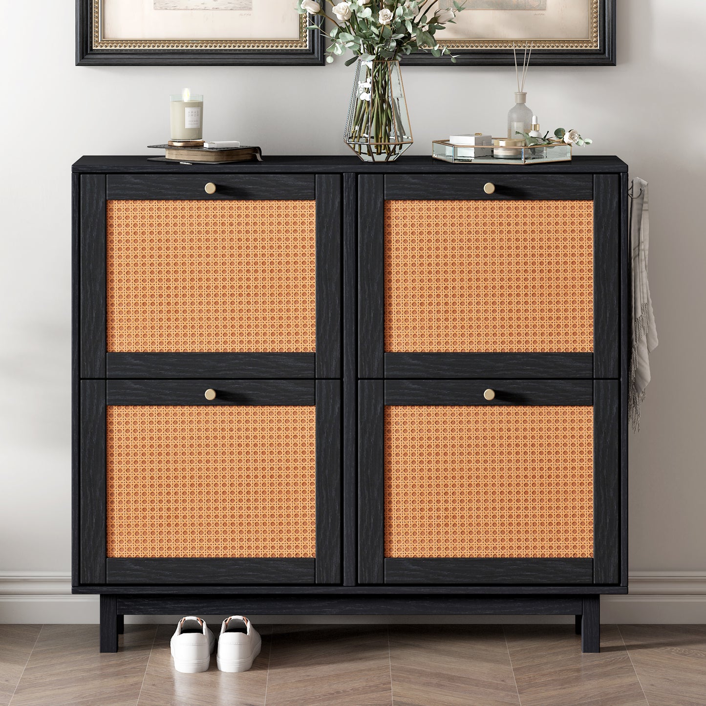 Rattan Boho Style Shoe Cabinet with 4 Flip Drawers, Modern 2-Tier Shoe Storage Organizer with Large Space, Free Standing Shoe Rack for Entrance Hallway, Black