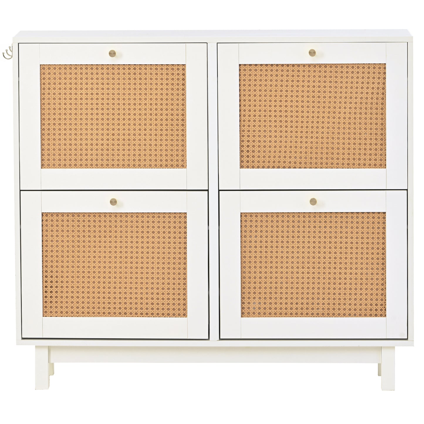 Rattan Boho Style Shoe Cabinet with 4 Flip Drawers, Modern 2-Tier Shoe Storage Organizer with Large Space, Free Standing Shoe Rack for Entrance Hallway, White