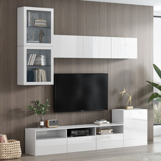 ON-TREND High Gloss TV Stand with Ample Storage Space, Media Console for TVs Up to 75", Versatile Entertainment Center with Wall Mounted Floating Storage Cabinets for Living Room, White